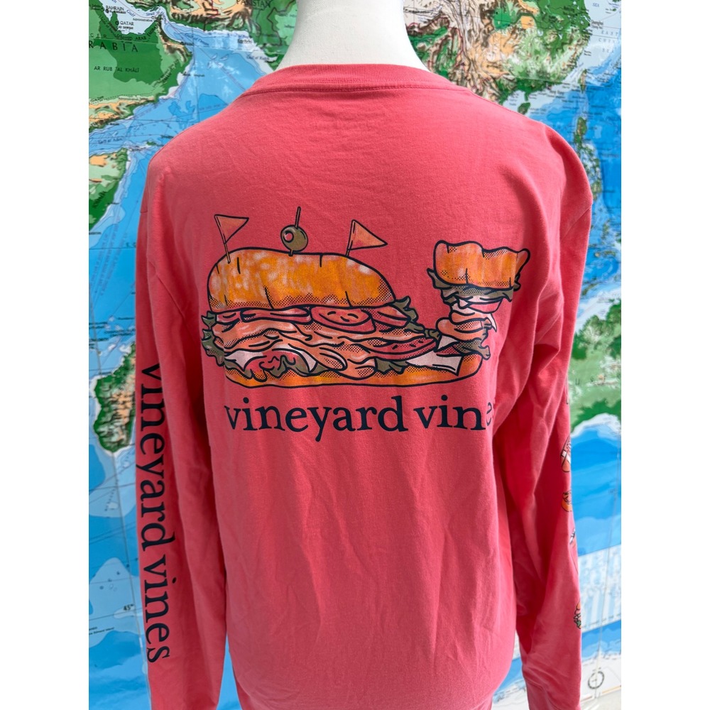 Vineyard Vines Mens Small Long Sleeve Football Sub Graphic Pocket Tee Coral Pink